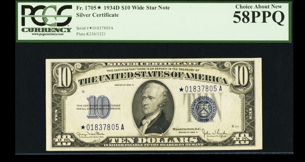 Fr.1705* (W), 1934D $10 Star Silver Certificate, Wide Variety, vChAU, PCGS-58 PPQ